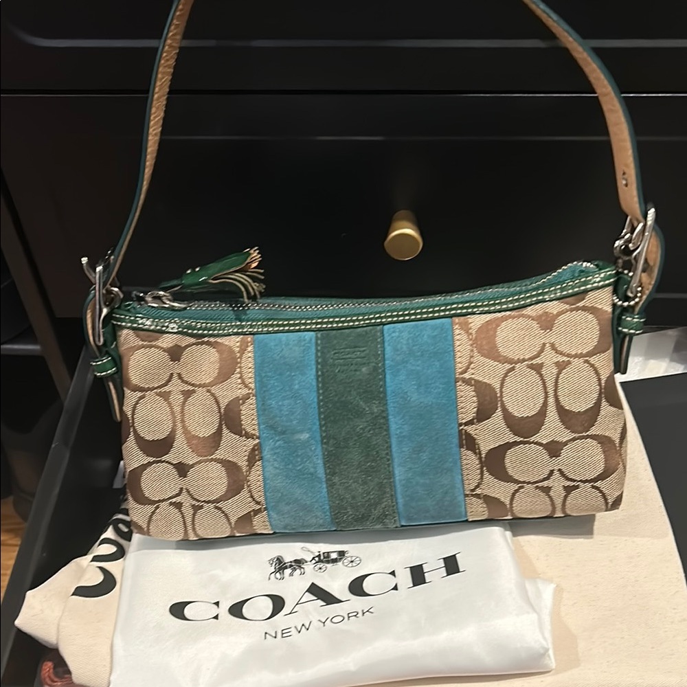 Coach Signature Suede Canvas Green Shoulder Bag